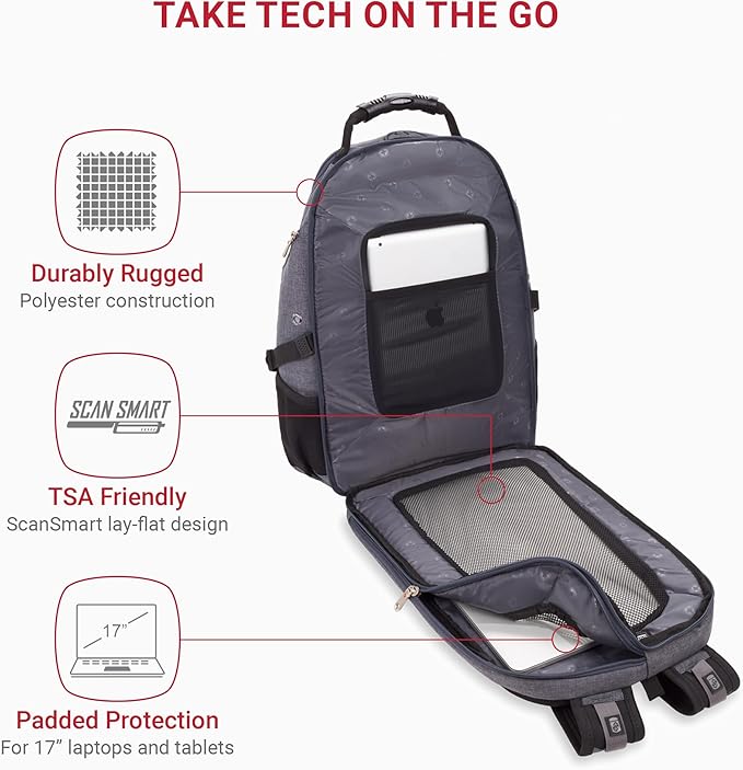 SWISSGEAR 1900 ScanSmart TSA Laptop Backpack Fits 17 Inch Laptop with RFID Protection and Tablet Pocket, Heather Grey, 19-Inch