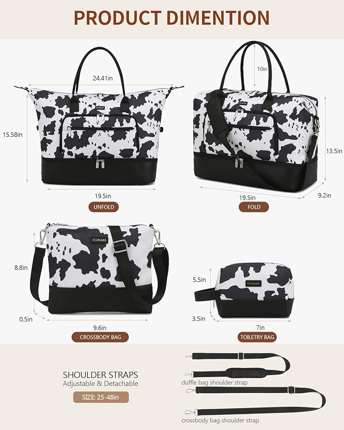 Weekender Bags for Women, Travel Duffle Bag Carry On Overnight Bag with Cosmetics Bag and Crossbody Purse for Gym Hospital, Gifts for Women, Cow Print Black