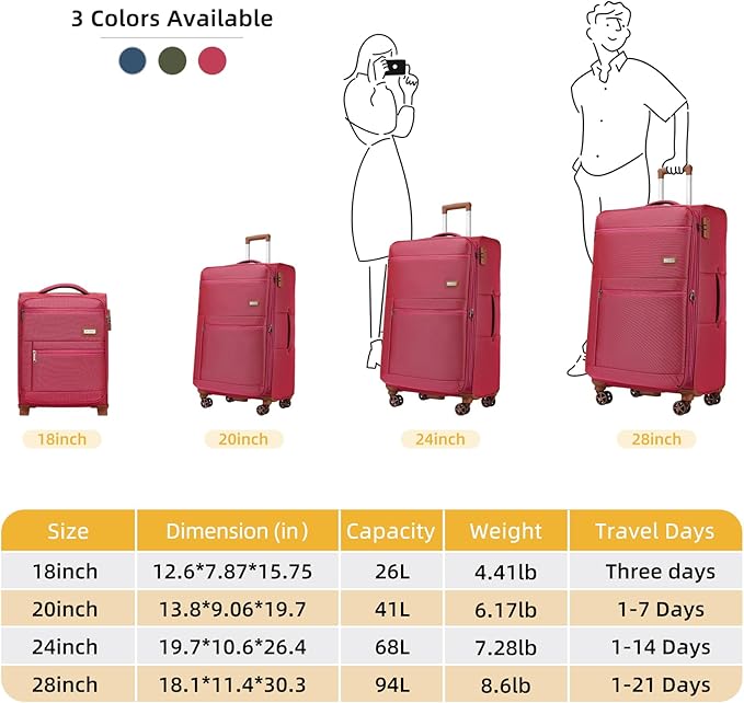 Softshell Luggage Expandable 4 Piece Set (16/20/24/28 Inch) Suitcase Softside Lightweight Luggage Travel Set Elegant Suitcase (Rose Red)