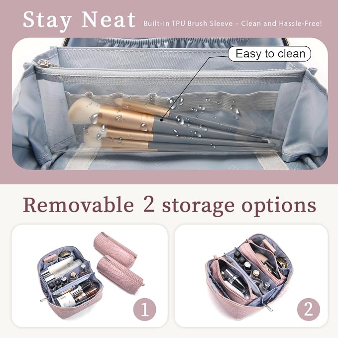 BOYATU Travel Makeup Bag Cosmetic Bags for Women: 3 Pcs Set Large Capacity Make up Bag with Handle - Crocodile Pattern Vegan Leather Toiletry Bags Travel Essentials with Compartments((E-4-Pink)