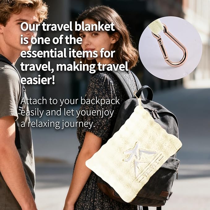 Travel Blanket and Pillow-2-in-1, Ultra-Soft&Compact, Airplane Blanket with Hand Luggage Belt and Backpack Clip,Travelers Accessories Gifts, 61x43 Inches（White）