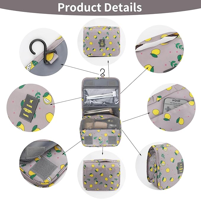 Foldable Hanging Travel Toiletry Bag,Waterproof Portable Travel Bags, Multifunction Travel Makeup Cosmetic Bag Organizer with Hanging Hook (Grey Lemon)