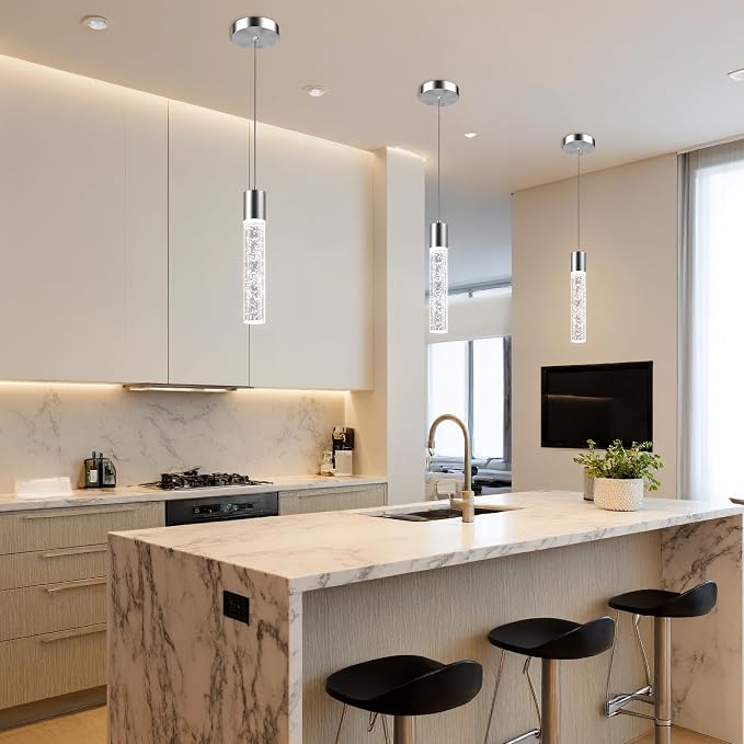 Pendant Lights Kitchen Island, 6500K Modern Kitchen Island Lights Brushed Nickel, 3 Pack Ceiling Lighting Fixtures with Crystal Bubble, Integrated LED Hanging Light for Dining Room Restaurant