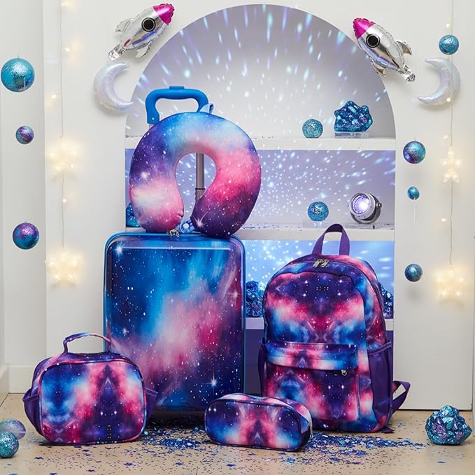 Redbaker 17 Inch 6 Pcs Kids Luggage Set Kids Rolling Luggage Double Pattern Suitcase for Boys Girls (Blue Purple, Starry Sky Style)