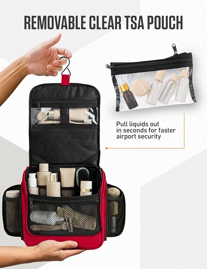 VENTURE 4TH Hanging Travel Toiletry Bag for Women & Men – Large Toiletry Organizer with 18 Compartments, Removable TSA Pouch, Travel Wash Bag for Toiletries, Makeup & Shaving Kit (Red)