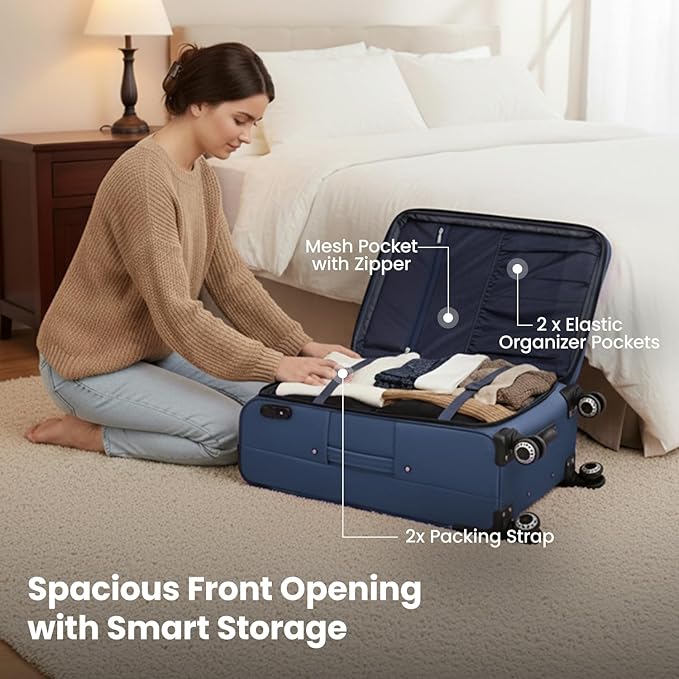 Softside Luggage Sets 2 Piece,Expandable15% Lightweight Durable Suitcase Sets Double Spinner Wheels w/Combination LOCK （Blue,20in/26in）