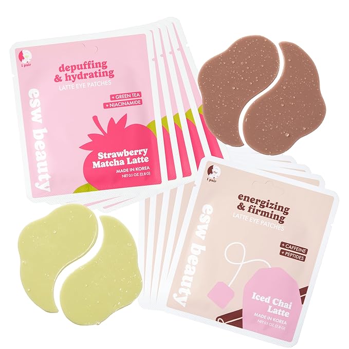 ESW Beauty Under Eye Patches Variety Set (10-Pack) – Soothing & Nourishing – Includes Strawberry Matcha & Iced Chai Latte – For Hydrating Dark Circles Under Eyes