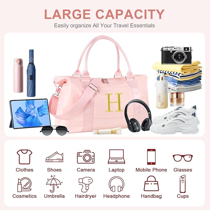 Personalized Initial Gym Dance Bag, Travel Duffel Bag for Teen Girls, Carry On Bag Overnight Weekender Bag with Trolley Sleeve, Birthday Gifts for Women Mom Daughter Graduation Gift(Letter H, Pink)