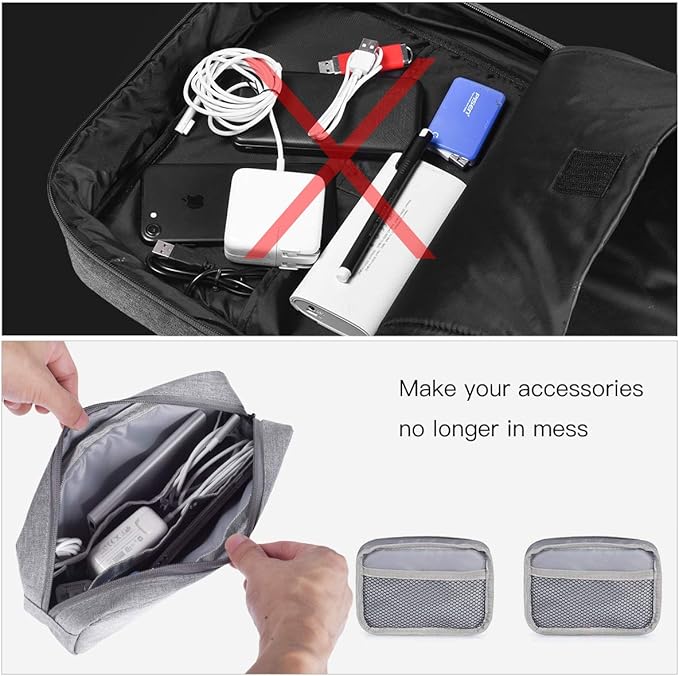 Portable Electronics Accessories Storage Bag, 2PCS Big + Small Carrying Case Travel Cable Organizer Cosmetic Bag Pouch Compatible Hard Drive, Power Bank, Mouse, Laptop Charger, Cellphone, Gray