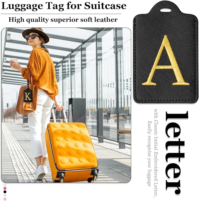 Personalized Initial Luggage Tags for Suitcases,Leather Letter Cute Luggage Tags with Privacy Name Card,Embroidered Monogrammed Travel Bag Backpack Tag Gifts for Women Kids Girls Teens(Black-A)