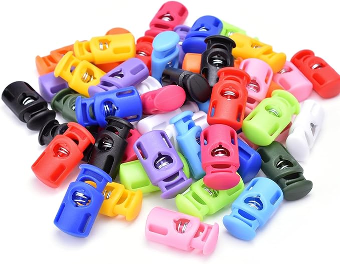 CooBigo 50 PCS Assorted Plastic Spring Cord Lock for Paracord Drawstring Clip, Stopper Toggle for Sweatpants Hoodie Elastic Shoelace String Lock Bungee Swim Goggles Fastener Replacement