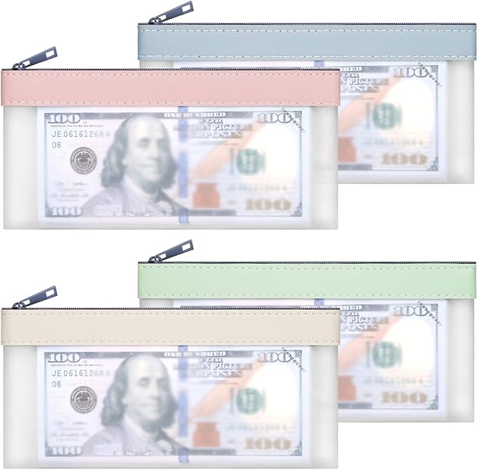 VOCHIC 4-Piece Multi-Purpose Money Bag - Money Bags with Zipper, Money Pouch Set 7.6 X 3.7 Inch, Clear Zipper Cash Envelopes, Bank Deposit Bags for Coins, Invoice, Makeup Bills Receipts Tool Storage