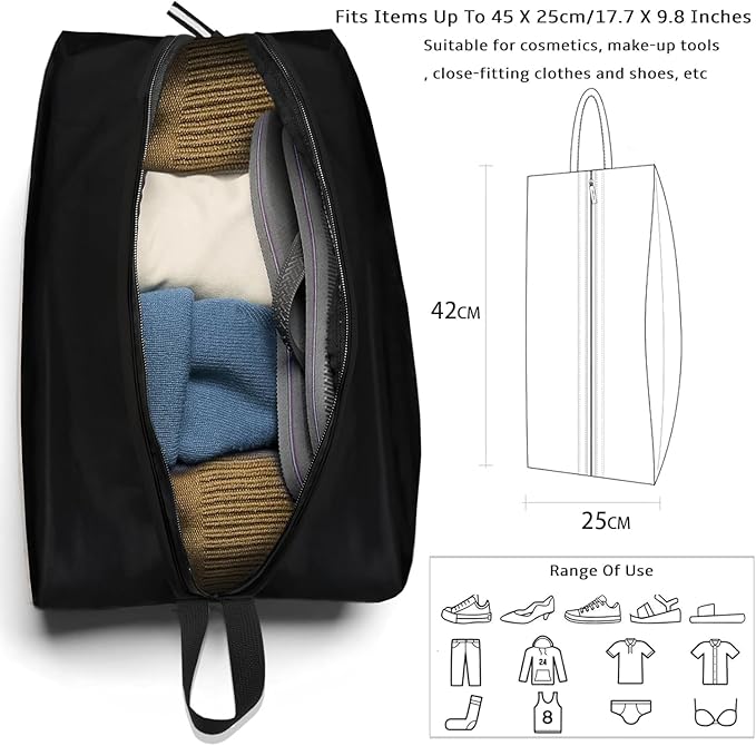Shoe Bag for Travel, Water-Resistant Shoe Pouch for Gym, Odor-Resistant Soccer Cleats Bag with Zipper for Sports Travel Work Men and Women (Black, 2-Pack)