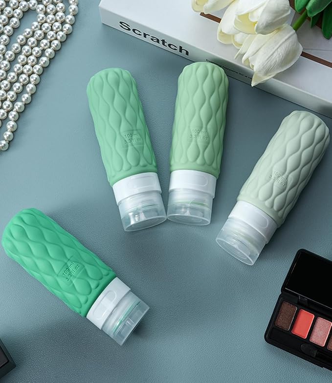 100 ml Silicone Travel Bottles for Toiletries with Labels/Clear Bag, Holiday Travel Essentials Leakproof Refillable Squeeze Travel Size Containers Set for Shampoo and Conditioner
