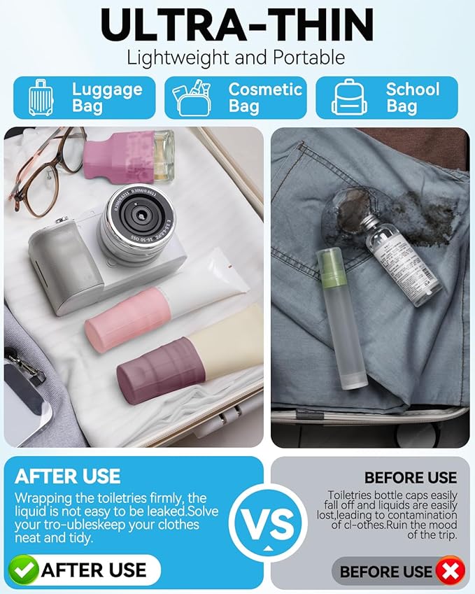 16 Pack Silicone Bottle Cover,Travel Essential for Women Men,Cruise Ship Essential 2025,Beach Vacation EssentialsTravel Size Toiletries,Airplane Travels Accessories Elastic Sleeves for Leak Proofing