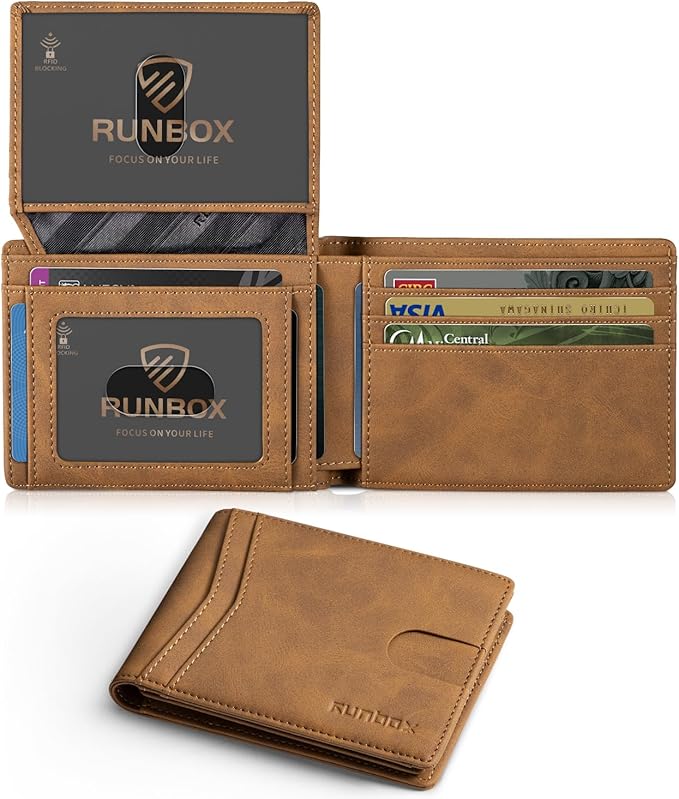 RUNBOX Wallet for Men Slim Rfid Leather 2 ID Window With Gift Box | Slim, Rfid, 2 ID Window, With Gift Box, Slim, Rfid