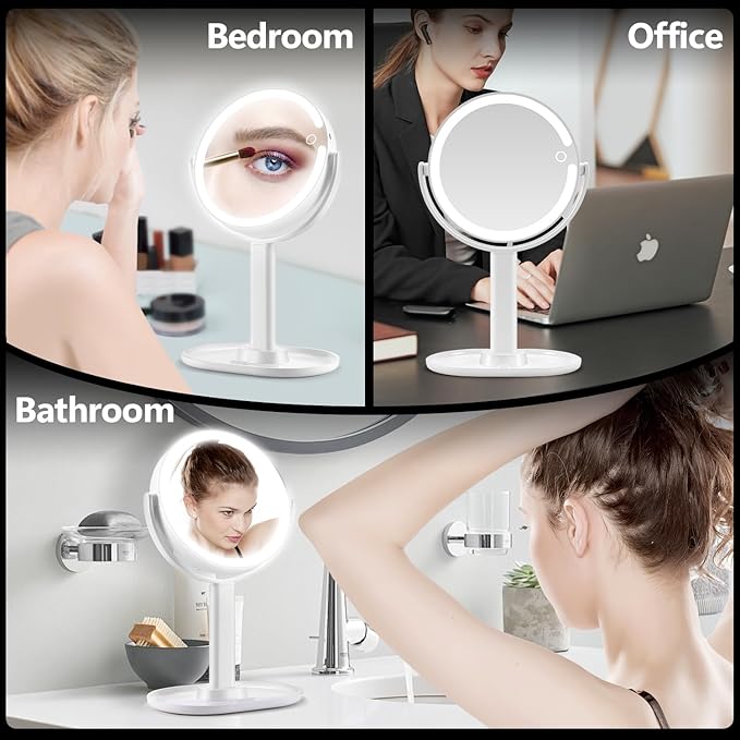 MIYADIVA Makeup Mirror with Lights,20X Magnifying Mirror with Light and Touch Switch,Vanity Mirror with 3 Color Light and 80 LEDs,2-Sided Lighted Magnified Mirror 8.8 Inches