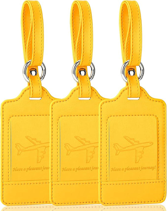 3 Pack Luggage Tags - Quick Install, Privacy Protection, Airplane Travel Essentials for Suitcases, Durable Leather - Yellow