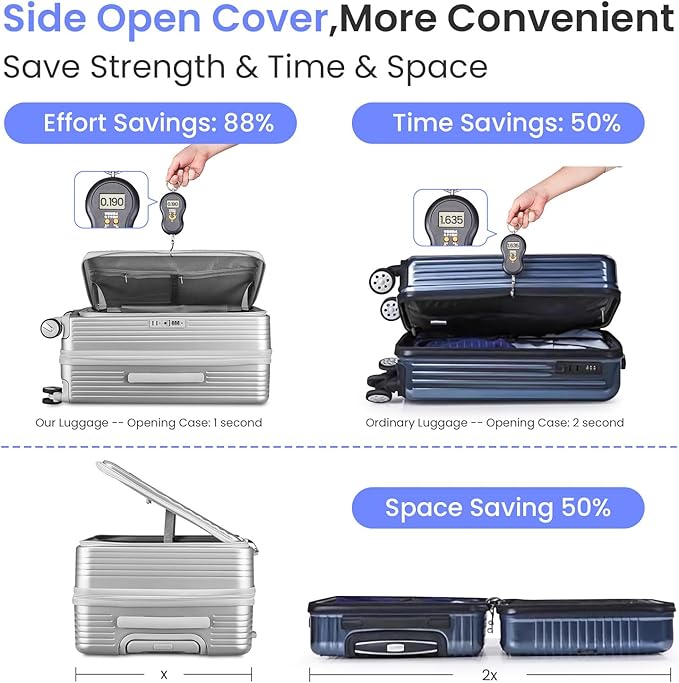3 Piece Luggage Set 100% PC Hardshell, Front Opening Expandable Suitcase (20/24/28) with Laptop Compartment & Free Custom PVC Covers, Trunk Style Lightweight Spinner Wheels TSA Lock (Silver)
