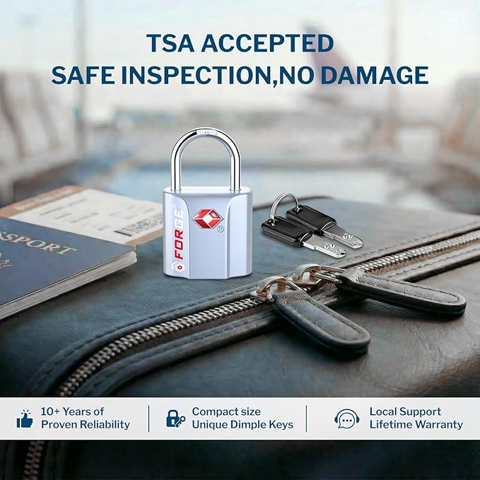 Forge Small Size TSA Approved Luggage Locks: Key Locks for Travel. Ultra Secure Dimple Key Travel Locks Alloy Body Luggage Locks. Silver 2-Pack.