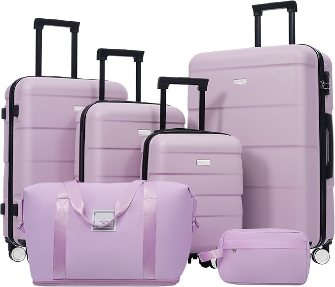 Pink Purple 6 Piece Luggage Set Hard Shell - Traveling Suitcases with Spinner Wheels and Duffel Bags for Family Travel, Durable Carry On Luggage Sets with Lock for Women and Girls
