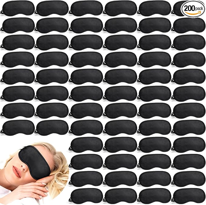 Tarpop 200 Pcs Eye Mask Sleeping Blindfold Eye Cover with Adjustable Strap for Games Party Team Building Travel Individually Wrapped Sleep Mask for Women Men (Black)