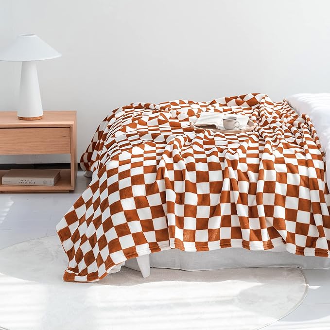LOMAO Throw Blankets Flannel Blanket with Checkerboard Grid Pattern Soft Throw Blanket for Couch, Bed, Sofa Luxurious Warm and Cozy for All Seasons (Maple Brown, 60"x80")