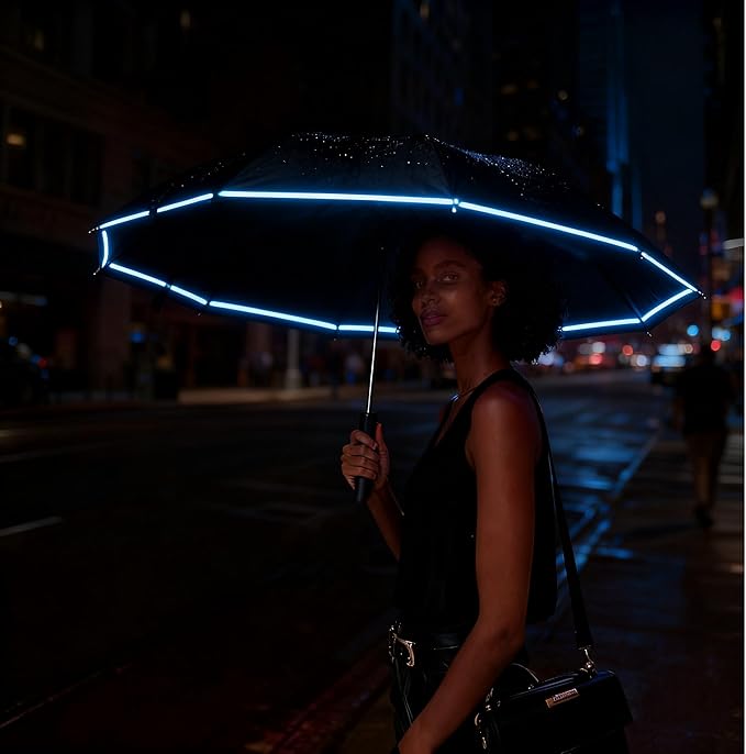 SIEPASA Travel Umbrella with Carabiner Handle - Windproof 10 Ribs Auto Open/Close for Rain & Sun Protection, Compact Portable Clip-on Backpack Design with Safety Reflective Strip.