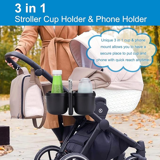 Accmor Stroller Cup Holder with Phone Holder, Bike Cup Holder, Universal Cup Holder for Uppababy Nuna Doona Strollers, 2-in-1 Cup Phone Holder for Stroller Bike Wheelchair Walker Accessory