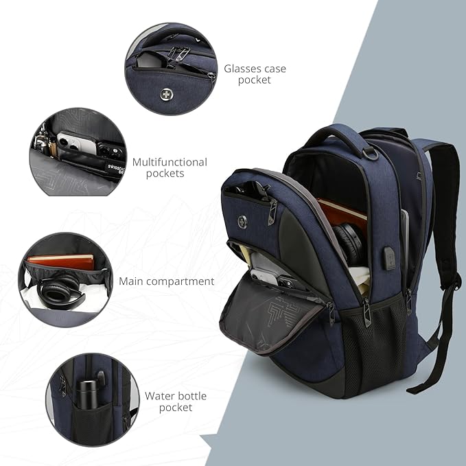 Swissdigital Design Travel Laptop Backpack for Men and Women, Business Backpack with USB Charging Port for Fits 16 Inch Notebook, Blue | SD1670-12