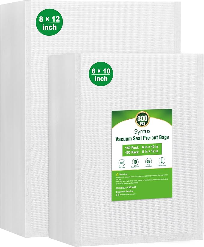 Syntus Vacuum Sealer Bags for Food, 300 Quart 8" x 12" and Pint 6" x 10" Commercial Grade PreCut Bag, BPA Free Food Vac Bags for Storage, Meal Prep or Sous Vide
