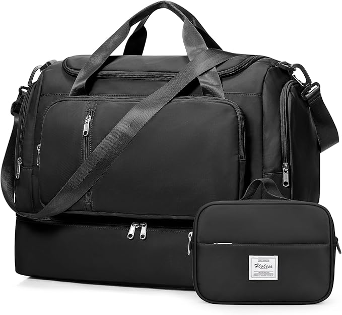 Travel Duffle Bag, Weekender Bags for Women,Overnight Weekend Carry On Personal Item Travel Bag with Shoes Compartment & Toiletry Bag,Black