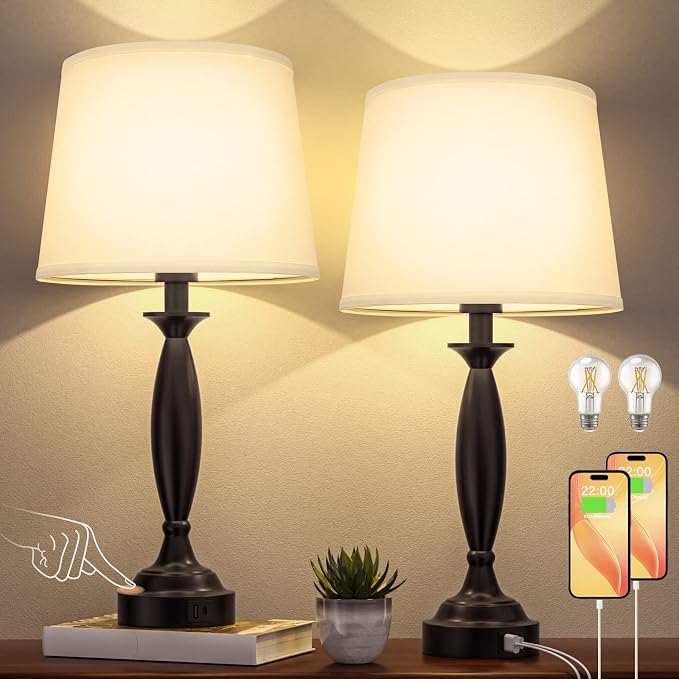 Bedroom Lamps for Nightstand, 3 Way Dimmable Black Bedside Lamps with USB | Touch, USB C+A Ports, Bulb Included, White Shade, Black, Bed Side lamps for Night Stands, Living Room