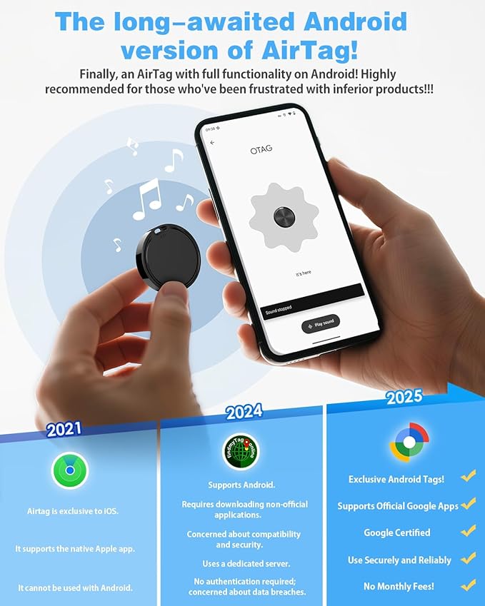 Air Tags for Android,Air Tags-1 Pack Android,Android Tracker Tags,2 Year Battery Life,Google Find Trackers for Google'S Find Hub App,IP65 Waterproof Luggage Tracker Android for Keys,Wallets,Luggage