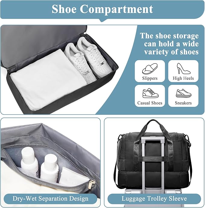 Travel Duffle Bag, Weekender Bags for Women,Overnight Weekend Carry On Personal Item Travel Bag with Shoes Compartment & Toiletry Bag,Black