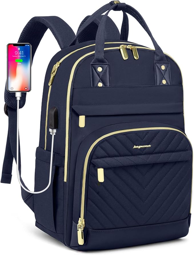 Laptop Backpack for Women Work Bag - 15.6 inch Travel Backpack Purse with USB Charger College Bookbag Waterproof Cute Casual Daypack Fashion Business Computer Backpacks for Teacher Nurse Dark Blue