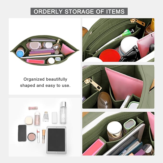 LOUKAYCCI Purse Organizer Insert for Longchamp Le Pliage M Handbag Insert Felt Long Champ Tote Bag Organizer Insert with Cup (Green, Medium)