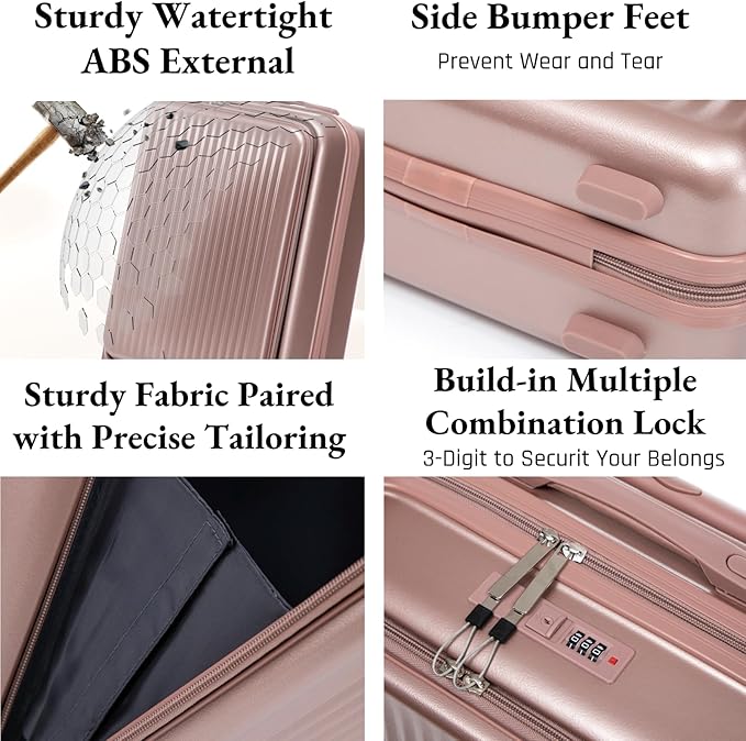 2 Pcs ABS Spinner Luggage Set with Front Opening Design, 14" Cosmetic Case & 20" Carry-On with Combination Lock For Business Trip, Champagne
