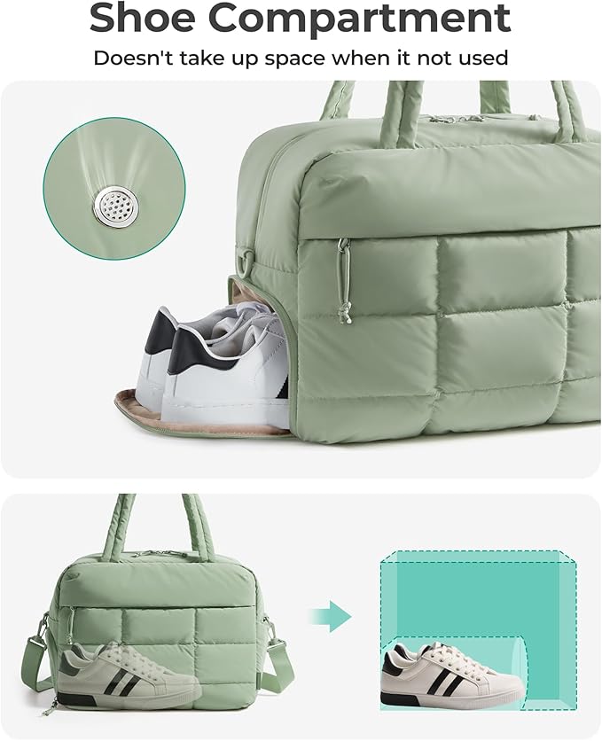 BAGSMART Gym Bag for Women, Carry on Travel Duffel Bag, Water-resistant Weekender with Shoe Compartment for Gym Travel Work, Green, Medium