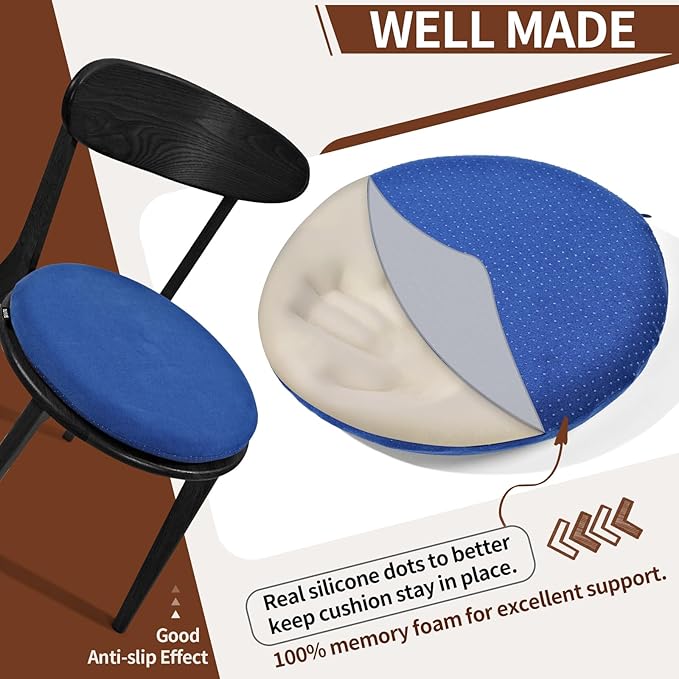 BUYUE Memory Foam Seat Cushion, Dia 16.5" Soft Velvet Round Stool Cushion Anti-Slip Chair Pads, L, Navy Blue