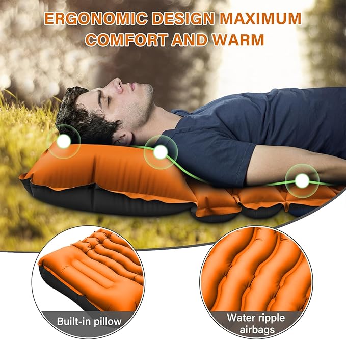 Camping Sleeping Pad, Ultralight Camping Mat with Pillow Built-in Foot Pump & Pillow, Upgraded Compact Camping Air Mattress for Tent, Backpacking-Orange