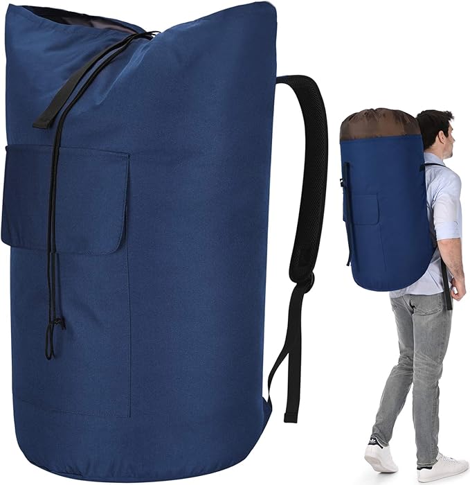 Backpack Laundry Bag, 115L Heavy Duty Extra Large College Laundry Backpack, Dirty Clothes Bag with Shoulder Straps, Laundry Hamper Bag with Drawstring Closure for College Dorm, Apartment Dark blue