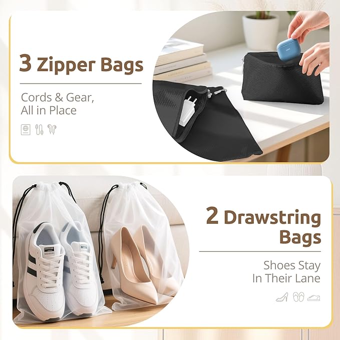 All-in-One 22 Pcs Packing Cubes for Travel Essentials –Includes Cubes,toothbrush covers，Silicone Bottle Cover,zipper bags, Matte Cosmetic Bag, Drawstring bag for Carry-On & Suitcase