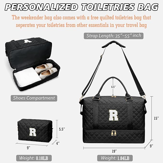 Gifts for Friend Women Girls Birthday Initial Travel Duffle Bag Quilted Weekender Bags Carry-On Overnight with Makeup Bag, Gym Bag with Shoe Compartment, Black R