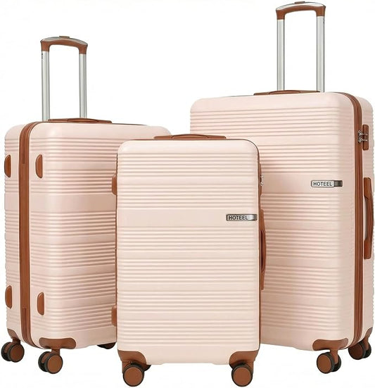 Hoteel Luggage Sets 3 Piece,(4-YEARS WARRANTY) ABS+PC Durable Lightweight Hard Shell Luggage Sets With TSA Lock For Travel,Business Trip, Suitcase Set 20 24 28 Inch, Beige