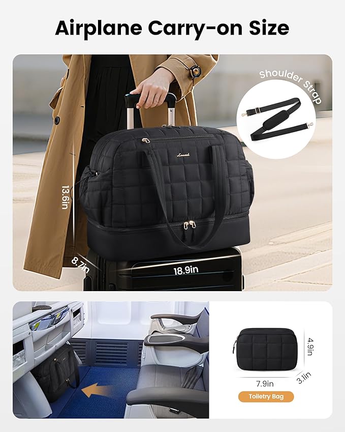 LOVEVOOK Large Travel Duffle Bag, Women's Weekender & Overnight Bag with Shoe Compartment, Airplane Carry On, Machine Washable, Lightweight, Utility Style, Black