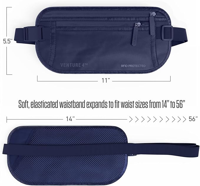 VENTURE 4TH Money Belt for Travel – Hidden Under-Clothes RFID Blocking Passport Holder & Slim Travel Wallet Pouch for Men & Women to Protect Cash, Cards & Documents (Sleek Navy Blue)