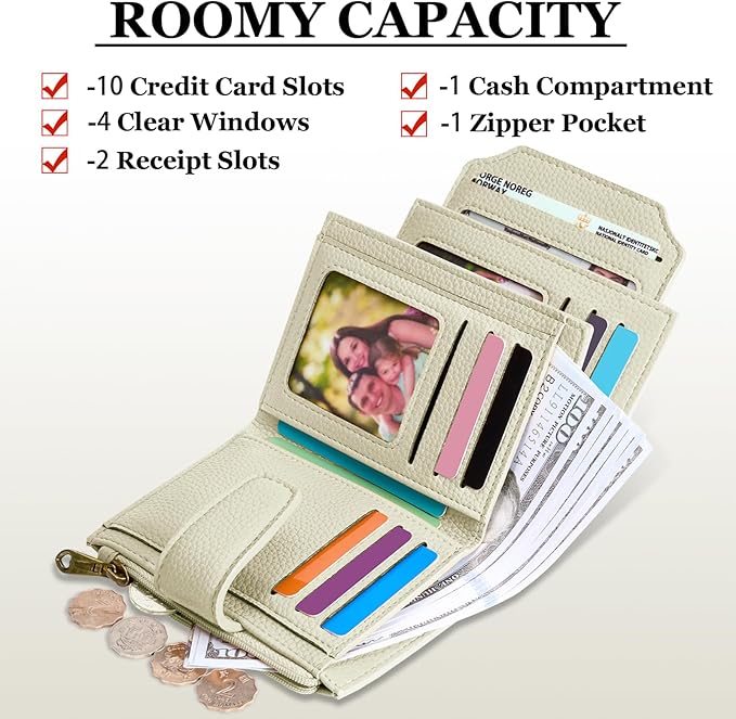 Airkit Small Wallet Women RFID Blocking Soft Leather Bifold Compact Card Holder Wallet for Women with Zipper Coin Pocket 4 ID Window