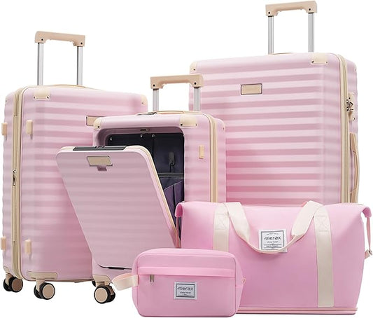 Merax Luggage Sets 5 Piece,Front Open Hardshell Expandable Suitcase with Spinner Wheels and Duffel Bags,Lightweight Carry on Luggage with USB Port and Cup Holder,20/24/28IN,Pink