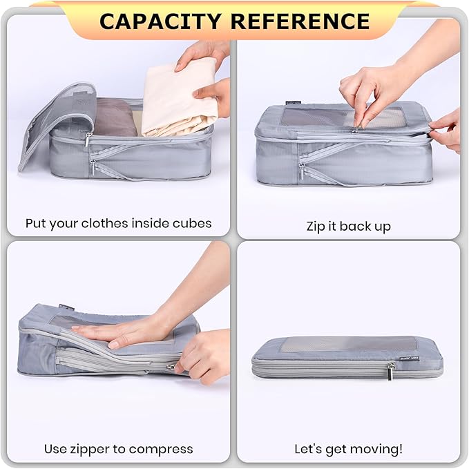 4 Set Ultralight Compression Packing Cubes Travel for Suitcases ，Compressible Mesh Packing Cubes for Travel Women Packing Organizers (Gray)